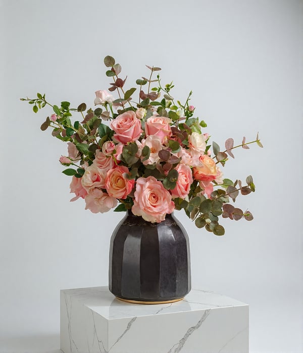 luxury faux flowers, pink rose bouquet, artificial roses in vase, eucalyptus arrangement, English rose garden décor, high-end artificial bouquet, Demmerys faux florals, 76cm floral arrangement, romantic centrepiece.