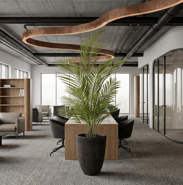 210cm artificial Areca Palm in Pot Budle Tall brown black planter displayed in modern office interior