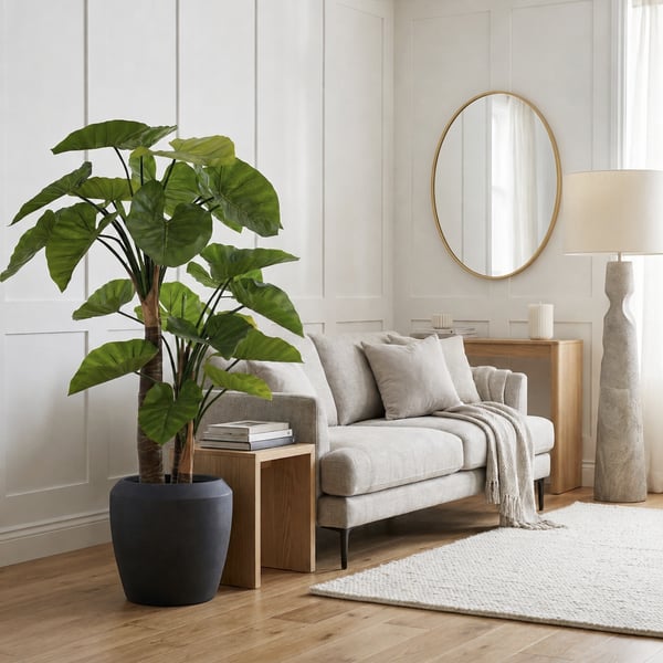 150cm artificial Alocasia plant in black Norfolk planter ready to display in luxury living room interior