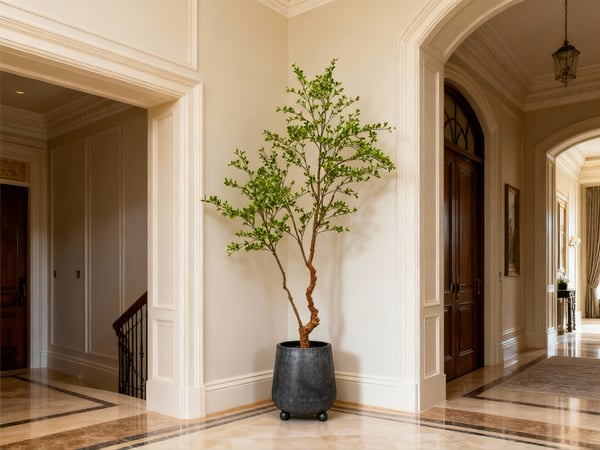 Statement 210cm artificial tree with realistic trunk and green leaves in hotel-style interior