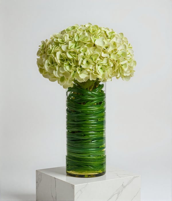 Luxury Real-Touch Faux Hydrangeas in Tall Glass Vase