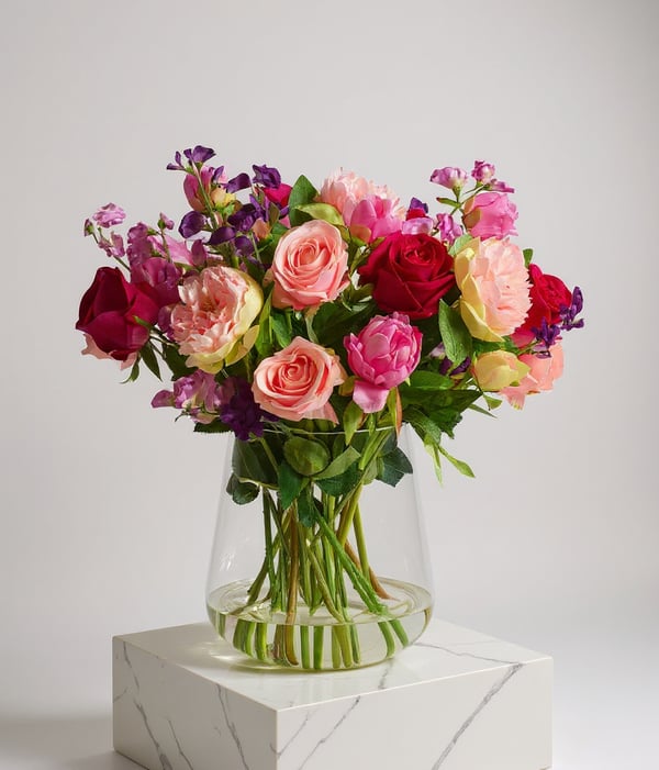 Large luxury faux sweet pea and peony bouquet in a clear glass vase with realistic water, 55cm tall.
