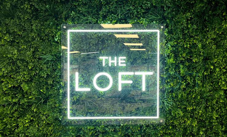 illuminated sign saying The Loft with artificial leaf background
