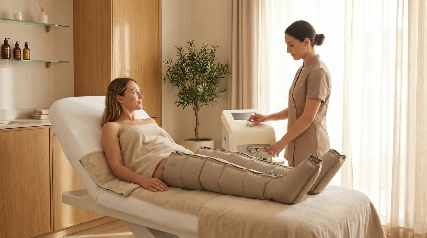 Pressoterapia: gambali e compressione ritmica, sensazione di leggerezza, atmosfera pulita e confortevole.