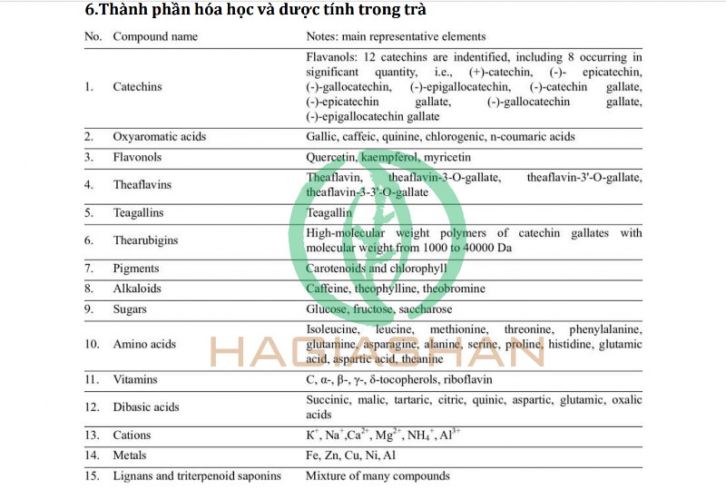 Bảng thành phần hóa học và dược chất có trong trà