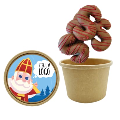 Bio Snoepbeker met mini [S] sint praliné bonbon lettertjes - inclusief dekselsticker