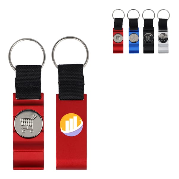 3-in-1 flesopener sleutelhanger winkelwagenmunt telefoonstandaard
