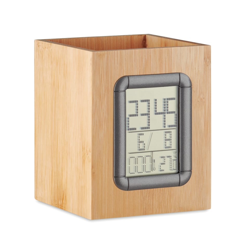 Bamboe pennenbak met LCD klok