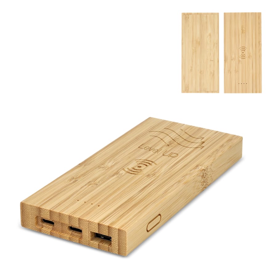 Powerbank met Draadloos Opladen Bamboe 8000 mAh