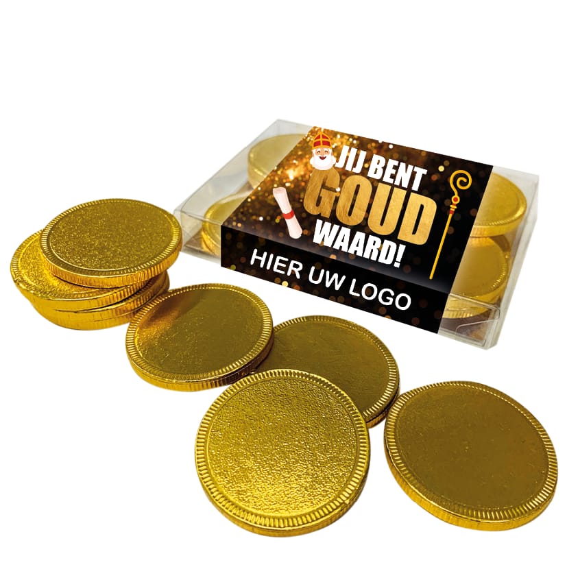SINT Doosje met 10 chocolade gouden munten inclusief banderol