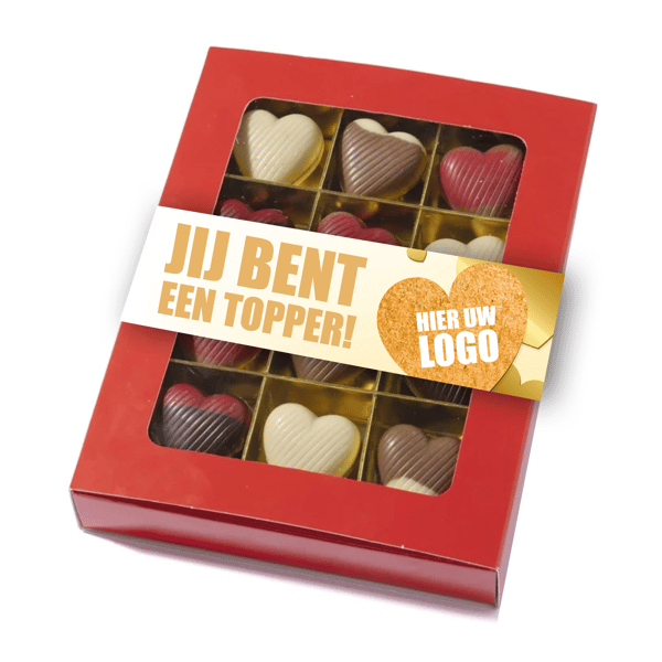 Geschenkdoosje met 12 chocolade hartjes + eigen banderol