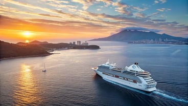 豪華客船で日本からオーストラリアへ向かうクルーズ船の俯瞰図。太平洋の広大な青い海に浮かび、朝日を浴びている。「日本からオーストラリアへのクルーズ2026」の旅の始まりを象徴する。