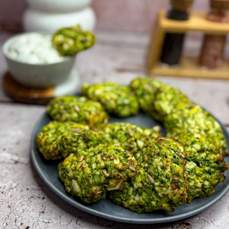 Brokułowo-jajeczne nuggetsy w kolorze zielonym na jasnym tle z sosem