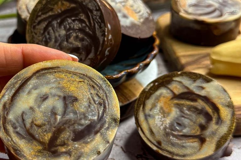 Dubajska czekolada w formie cupcake trzymana w dłoni na dle pozostałych dubajskich czekoladek