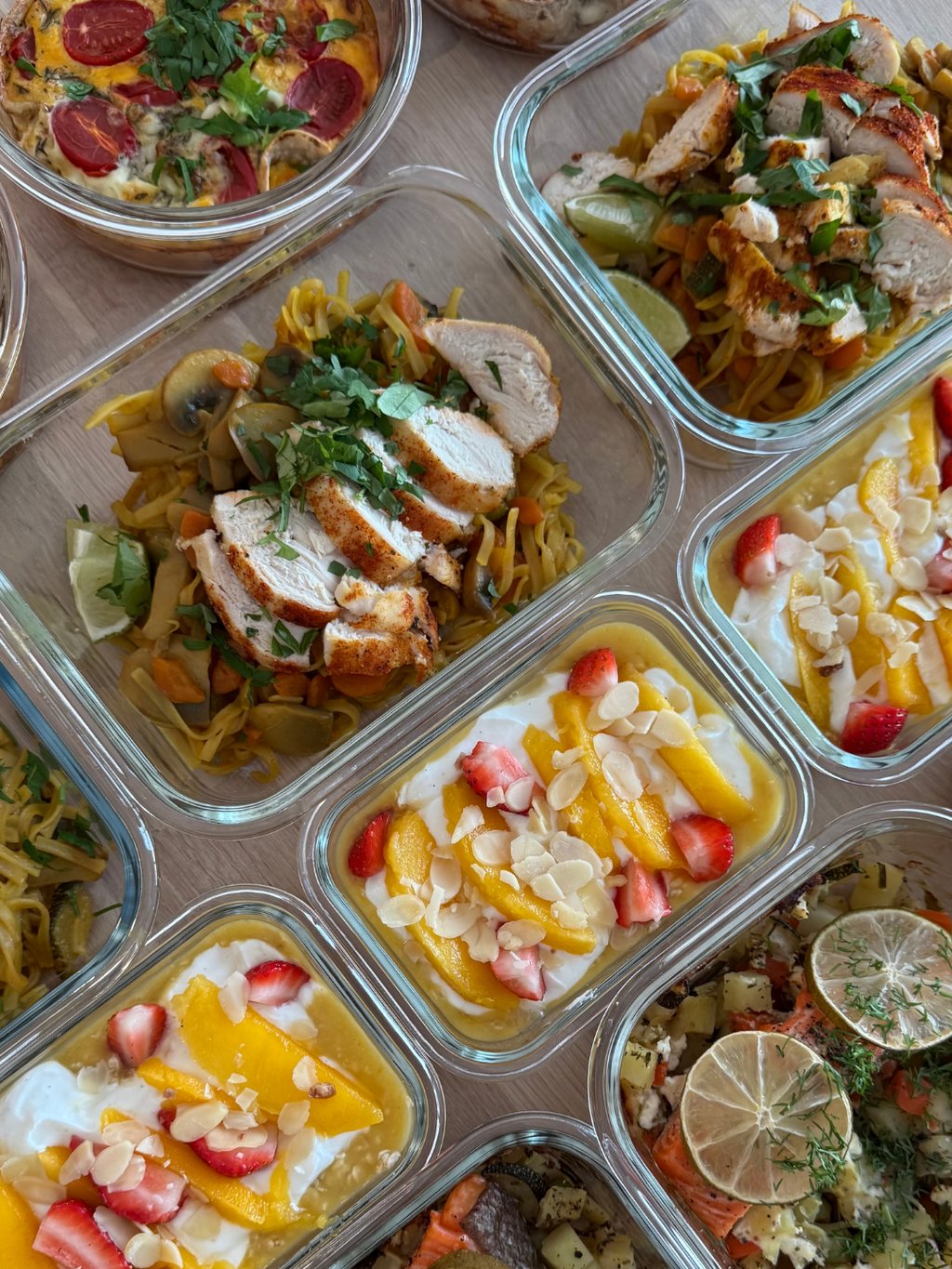 ryż z warzywami i kurczakiem, owsianka mango, warzywa z łososiem, zapiekanka jajeczna na tortilli, jedzenie do pudełek