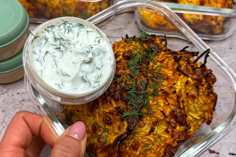 Smakowicie prezentujące się pankejki marchewkowe z sosem