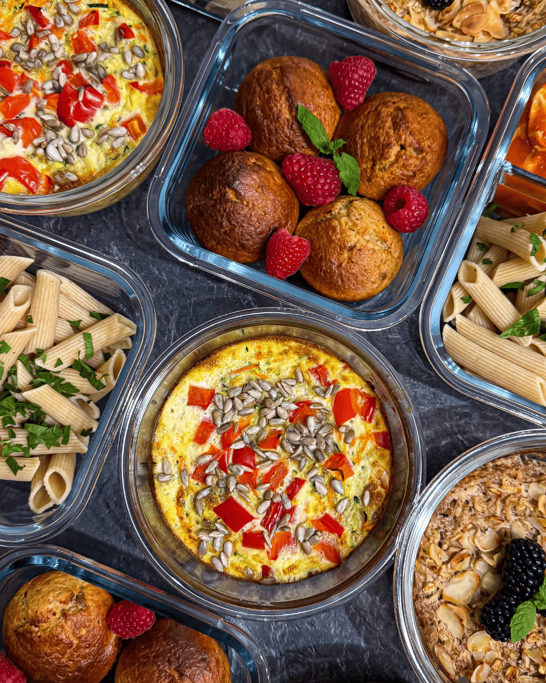 owsiano-twarogowe muffinki, zapiekanka jajeczna na śniadanie, makaron z kurczakiem w sosie paprykowym