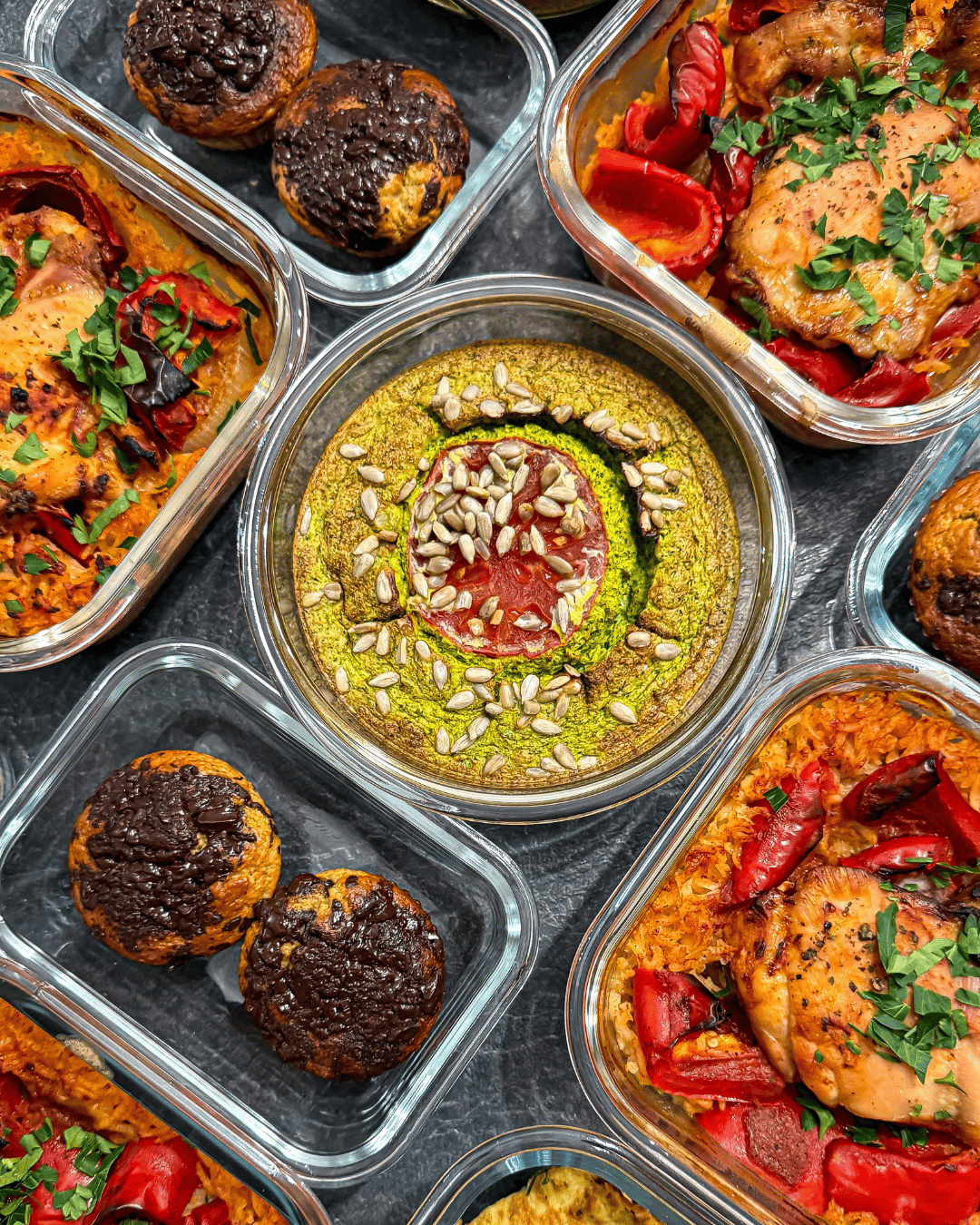 zapiekanka jajeczno-brokułowa, muffinki bananowe, kurczak zapiekany na ryżu