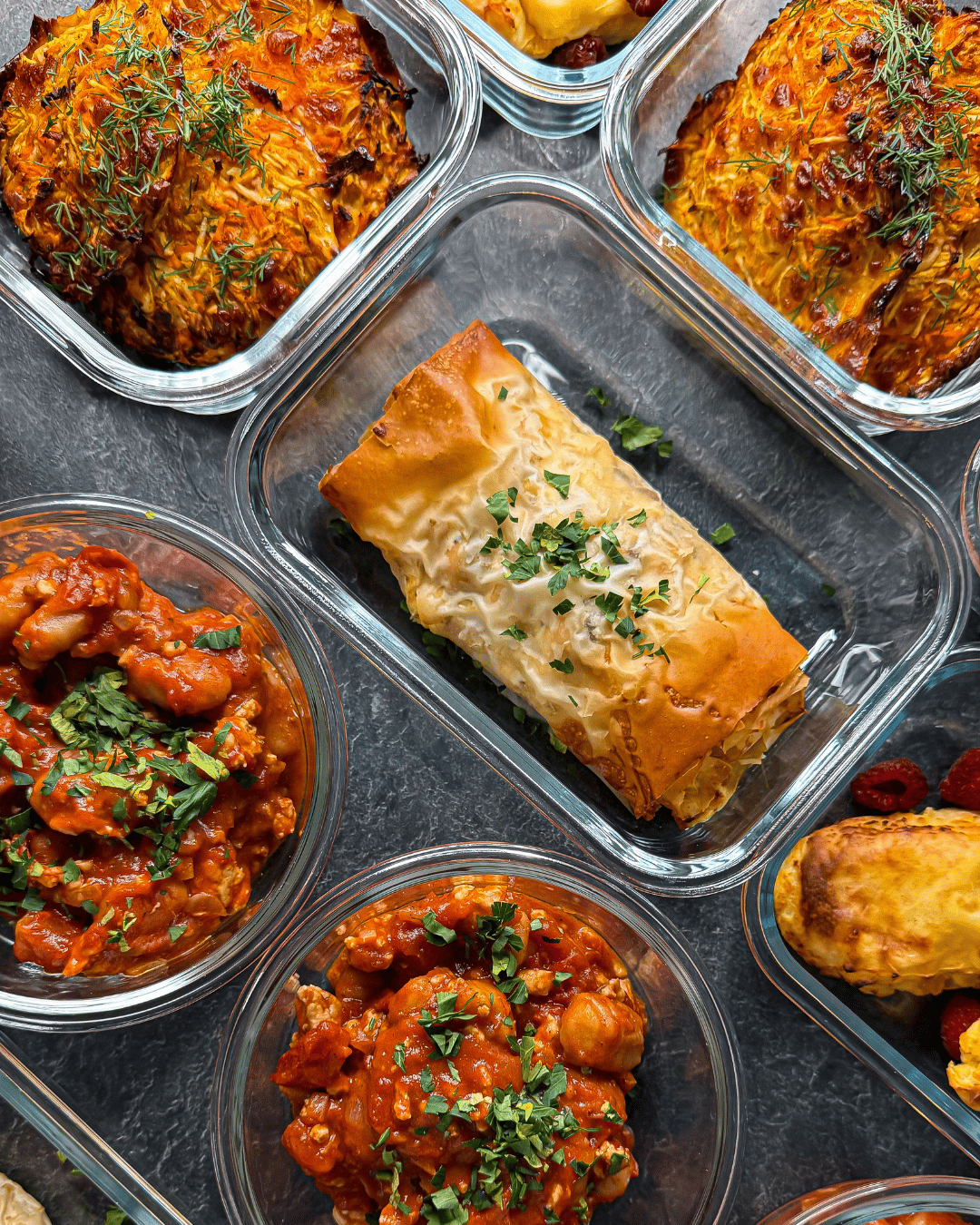 trapy z ciasta filo z łososiem, gnocchi w sosie pomidorowym, ciasto filo na słodko z mango