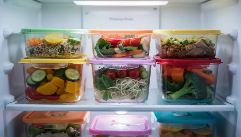W lodówce znajdują się kolorowe szklane pojemniki z przygotowanymi posiłkami na cały tydzień, w tym zdrowe sałatki, zupy oraz dania jednogarnkowe, które zachowały świeżość dzięki szczelnym pojemnikom. Każdy pojemnik zawiera starannie dobrane składniki, takie jak świeże warzywa, pierś kurczaka oraz makaron, idealne do planowania posiłków.