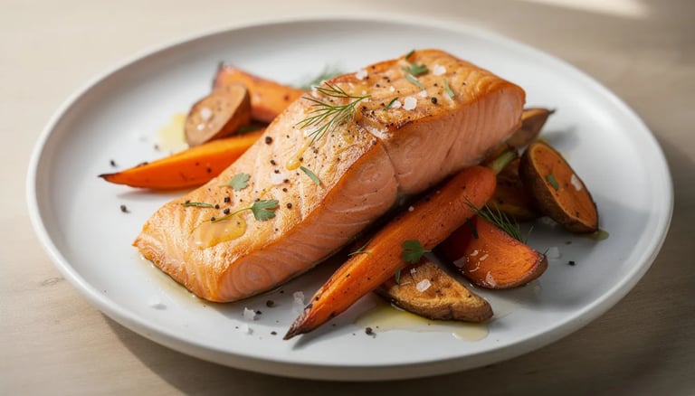 Na talerzu znajduje się pieczony filet z łososia, podany na łóżku z pieczonych warzyw korzeniowych, w tym marchewki i słodkiego ziemniaka. To zdrowy obiad, idealny dla osób dbających o zdrową dietę, który można szybko przygotować.