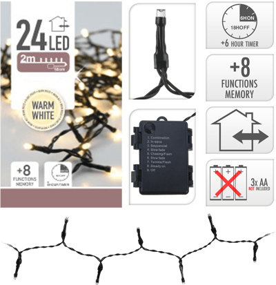 1 stk. Batterilyskæde 24 LED- udendørs