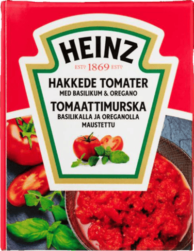 Modelbillede af Heinz Hakkede Tomater m. Basilikum/Oregano 16x390 g