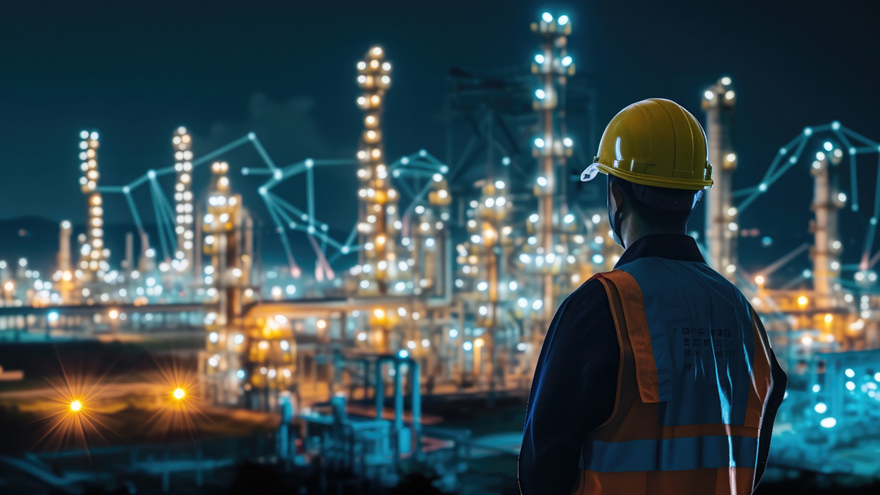 Profissional com capacete de segurança observando planta industrial iluminada à noite, representando inovação, eficiência energética e compromisso sustentável da Irutec na produção de ceras, parafinas e óleos especiais.