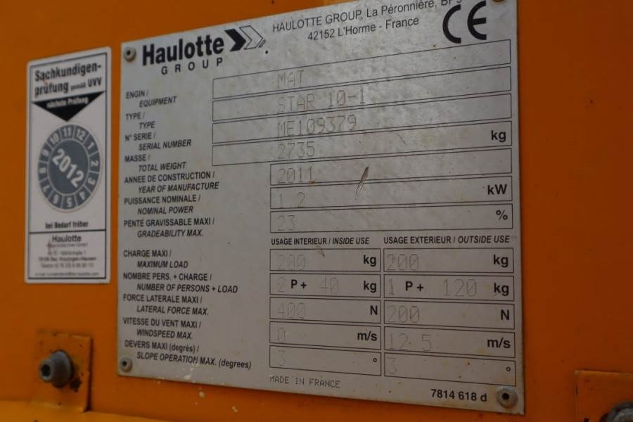 Haulotte STAR 10 Electric, 10m Working Height, 3m Reach, 20 2011 HAULOTTE - STAR 10 - 63011 STAR 10 Electric, 10m Working ...