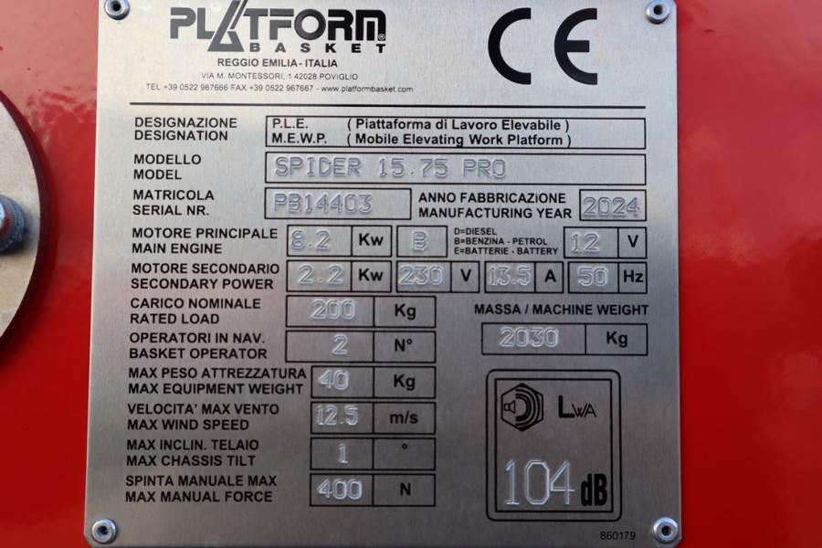 Platform Basket Spider 15.75 PRO CE Declaration, Valid inspection, 2024 PLATFORM BAS - Spider 15.75 PRO - 62908 Basket Spi...