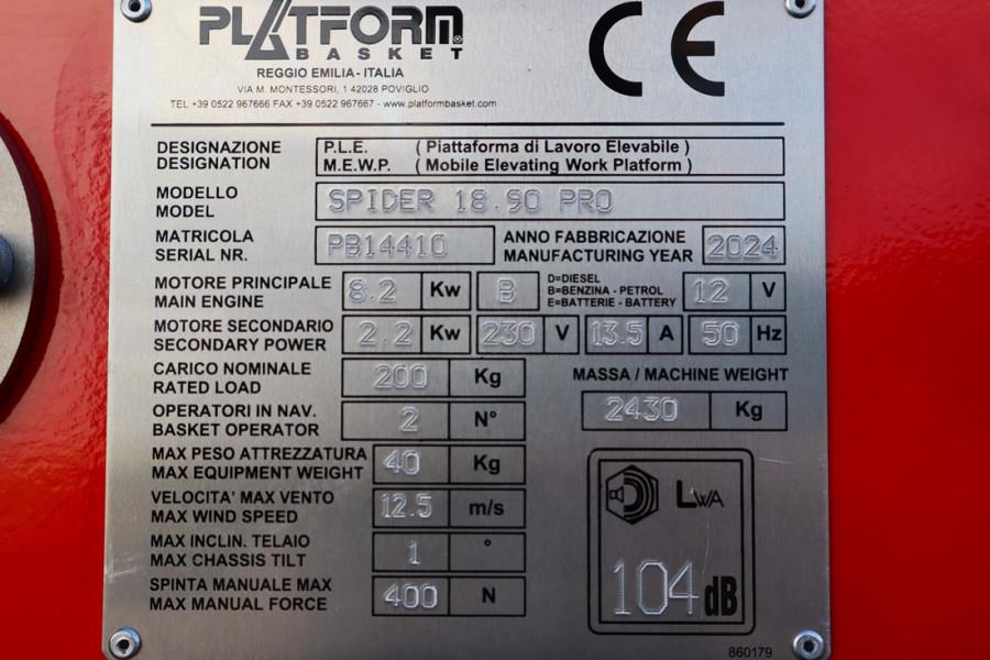 Platform Basket Spider 18.90 PRO CE Declaration, Valid inspection, 2024 PLATFORM BAS - Spider 18.90 PRO - 62909 Basket Spi...