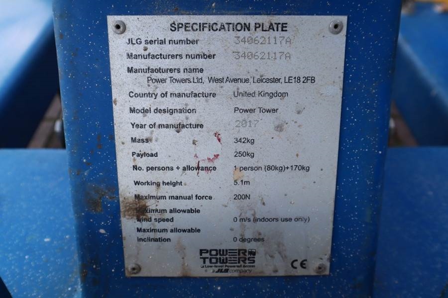 JLG Power Tower Electric, 5.10m Working Height, 250kg 2017 JLG - Power Tower - 62359 Power Tower Electric, 5.10m Working H...