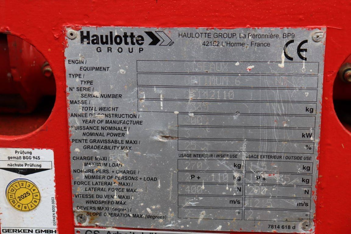 Scissor lift Haulotte Optimum 6 Electric 6.45m 2009 2009 Optimum 6 2009 1 Scissor Lifts image 10