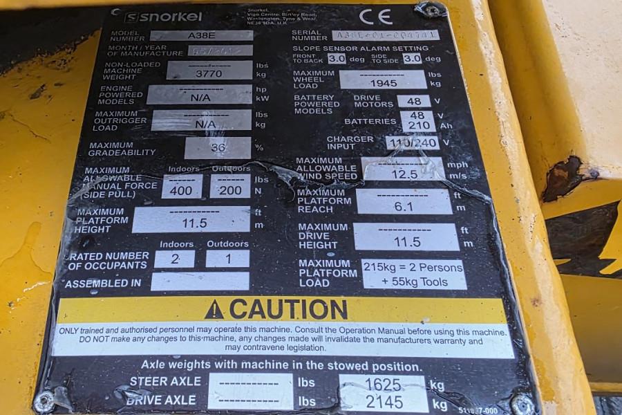 Snorkel A38E As-Is, Electric, 13.5m Working Height, 6.1m R 2012 SNORKEL - A38E - 63122 A38E As-Is, Electric, 13.5m Working...
