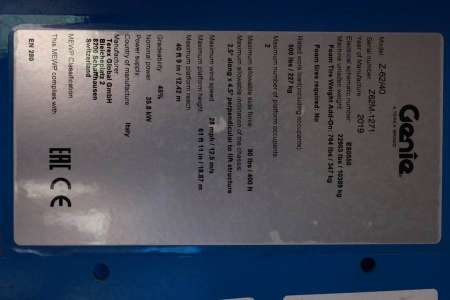 Genie Z62/40 Diesel, 4x4 Drive, 20.9 m Working Height, 1 2019 GENIE - Z62/40 - 63726 Z62/40 Diesel, 4x4 Drive, 20.9 m Work...