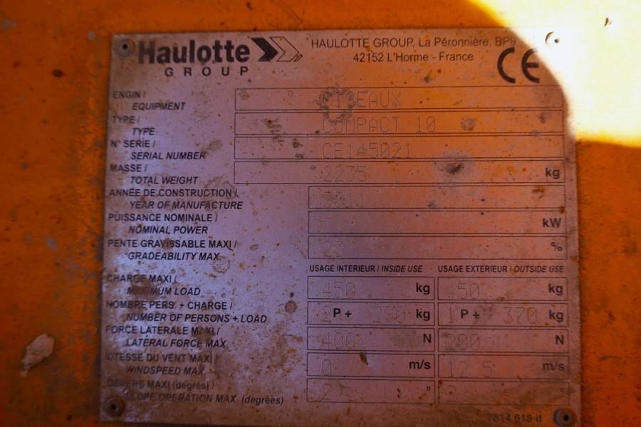 Haulotte Compact 10 Electric, 10m Working Height, 450kg Cap 2011 HAULOTTE - Compact 10 - 63265 Compact 10 Electric, 10m Wo...