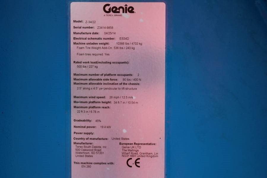 Genie Z34/22 Diesel, 4x4 Drive, 12.6m Working Height, 6. 2014 GENIE - Z34/22 - 90058 Z34/22 Diesel, 4x4 Drive, 12.6m Worki...