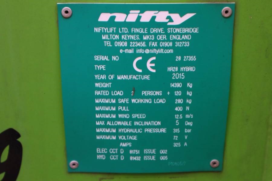 Niftylift HR28 HYBRIDE Valid inspection, *Guarantee! Hybrid, 2015 NIFTYLIFT - HR28 HYBRIDE - 62220 Niftylift HR28 HYBRIDE ...
