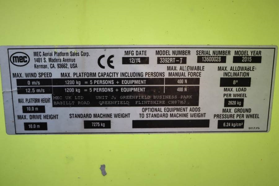 MEC 3392RT-T Diesel, 4x4 Drive, 12m Working Height, 12 2015 MEC - 3392RT-T - 61259 3392RT-T Diesel, 4x4 Drive, 12m Working...
