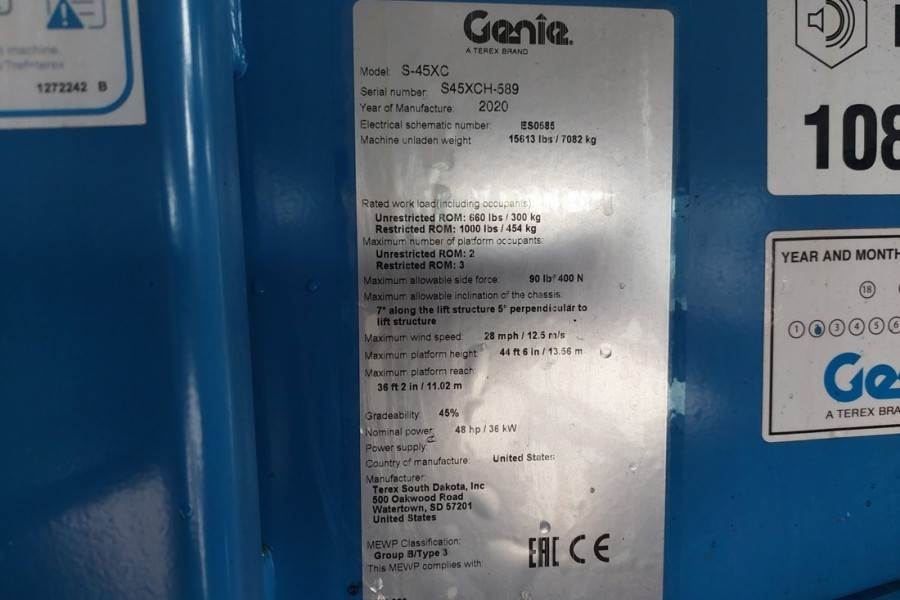 Genie S45XC Valid inspection, *Guarantee! 15.5m Working 2020 GENIE - S45XC - 60483 S45XC Valid inspection, *Guarantee! 15....