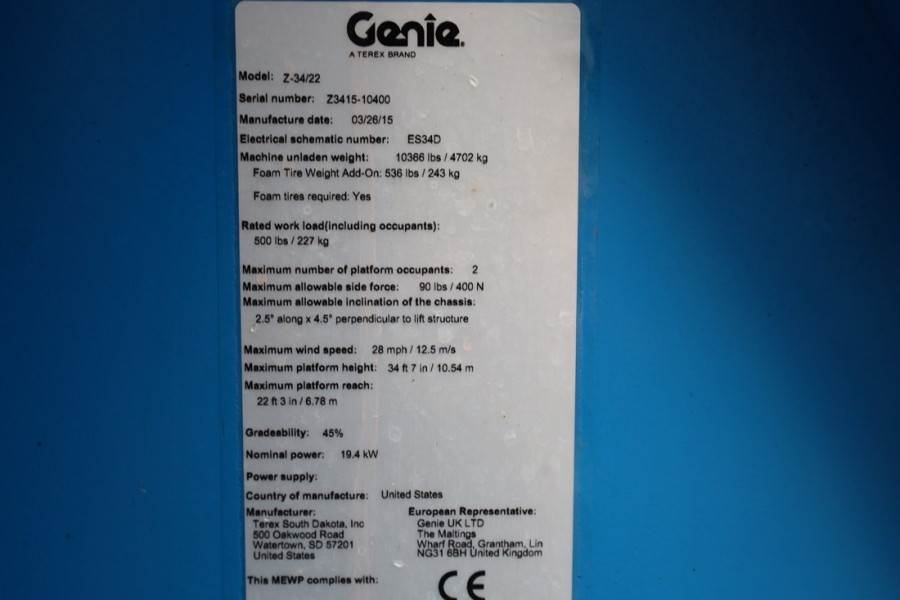 Genie Z34/22 Diesel, 4x4 Drive, 12.6m Working Height, 6. 2015 GENIE - Z34/22 - 90049 Z34/22 Diesel, 4x4 Drive, 12.6m Worki...