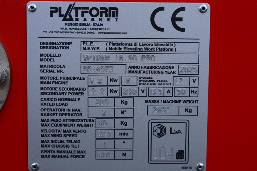 Platform Basket Spider 18.90 PRO CE Declaration, Valid inspection, 2025 PLATFORM BAS - Spider 18.90 PRO - 63535 Basket Spi...