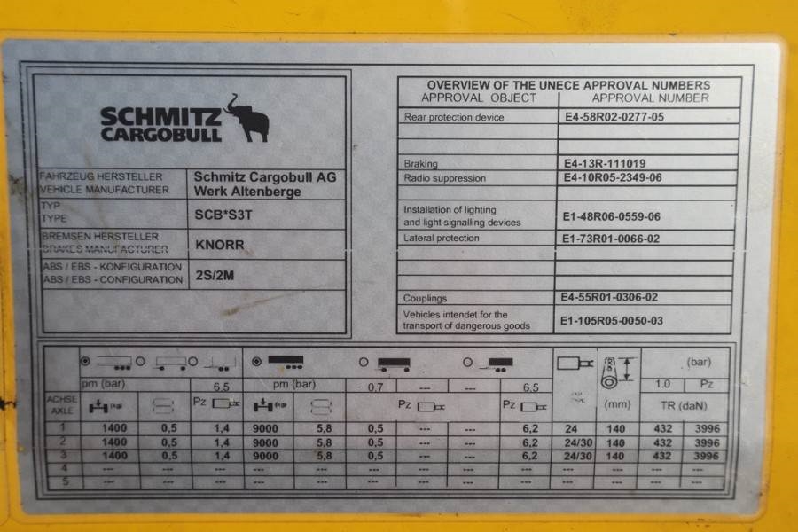 Schmitz Cargobull SCB3ST Vol CoC Documents, TuV Loading Ce 2016 SCHMITZ - Cargobull SCB3ST Vol - 61409 Schmitz Cargobull S...