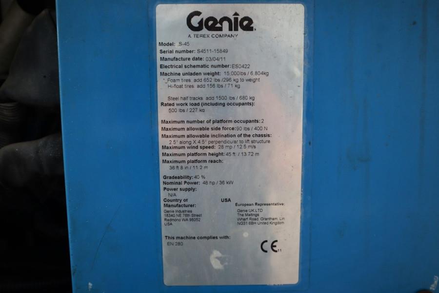 Genie S45 Valid inspection, Diesel, 4x4 Drive, 15.72 m W 2011 GENIE - S45 - 62178 S45 Valid inspection, Diesel, 4x4 Drive,...