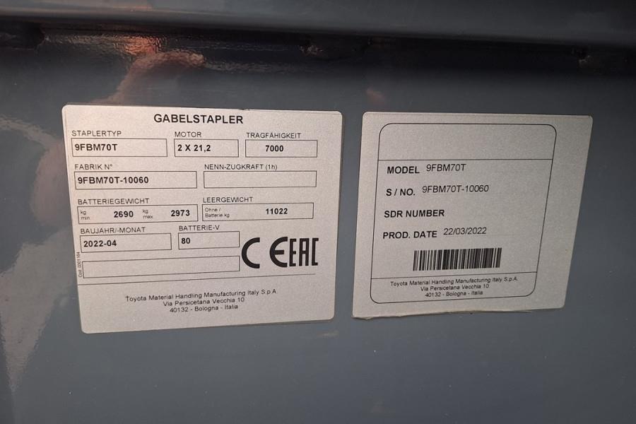 Toyota 9FBM70T Electric, 7 Tons Capacity, Lift Height 4.7 2022 TOYOTA - 9FBM70T - 63953 9FBM70T Electric, 7 Tons Capacity,...