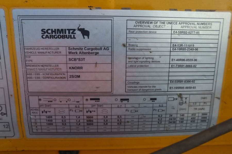 Schmitz CARG SCB3ST CoC Documents, TuV Loading Certificate 2016 SCHMITZ CARG - SCB3ST - 61406 Schmitz Cargobull CARG SCB3S...