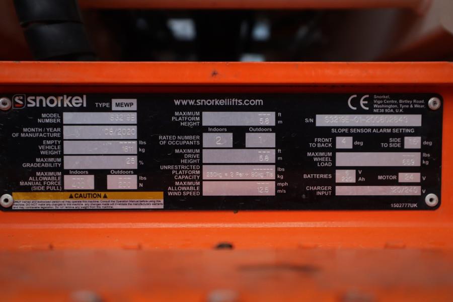 Snorkel S3219E Electric, 8m Working Height, 250kg Capacity 2020 SNORKEL - S3219E - 62062 S3219E Electric, 8m Working Heigh...