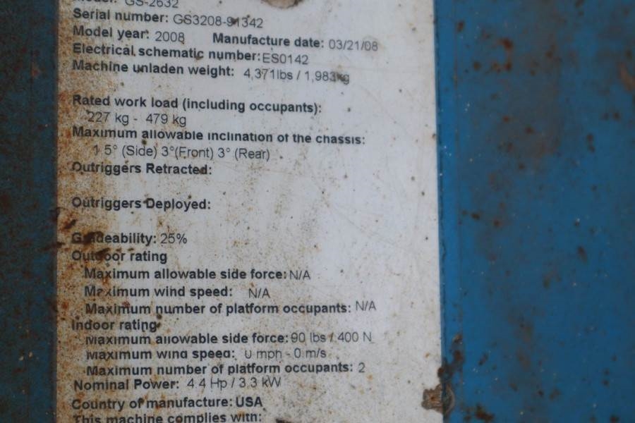 Genie GS2632 Electric, Working Height 10m, 227kg Capacit 2008 GENIE - GS2632 - 62677 GS2632 Electric, Working Height 10m, ...