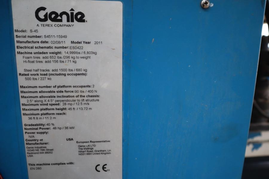 Genie S45 Valid inspection, Diesel, 4x4 Drive, 15.72 m W 2011 GENIE - S45 - 62177 S45 Valid inspection, Diesel, 4x4 Drive,...