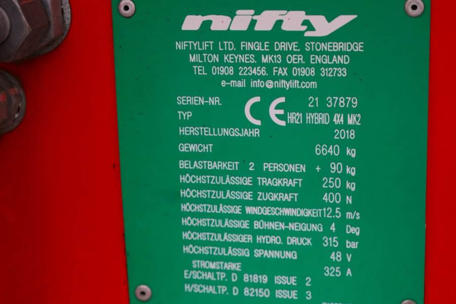 Niftylift HR21 HYBRIDE 4x4 MK2 Valid Inspection, Hybrid, 4x4 2018 NIFTYLIFT - HR21 HYBRIDE 4x4 MK2 - 63230 Niftylift HR21 ...